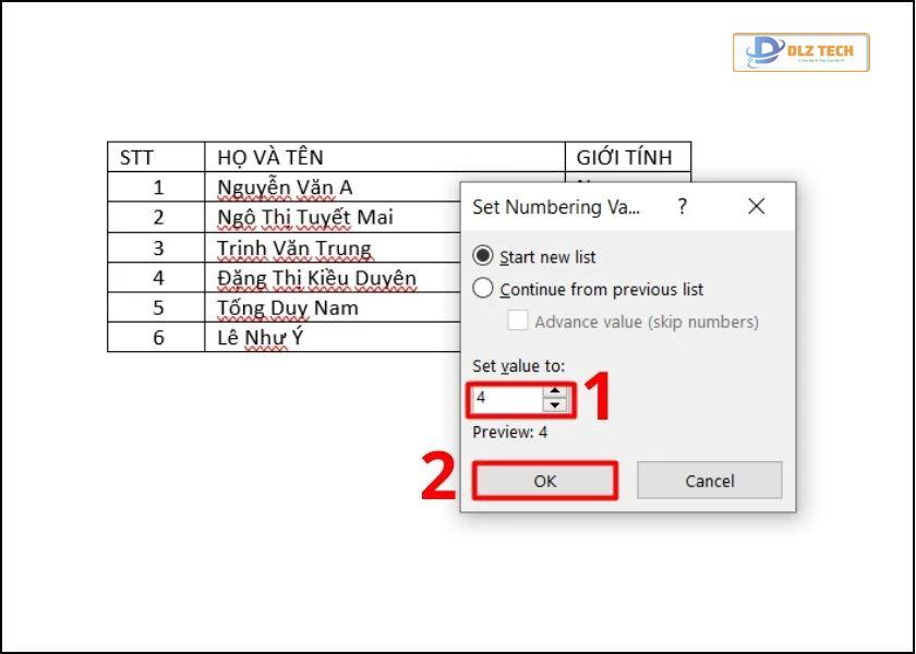 tại set value to, nhập số thứ tự bạn muốn bắt đầu