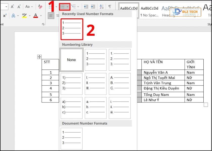 nhấn vào numbering và chọn định dạng đã cài trước đó