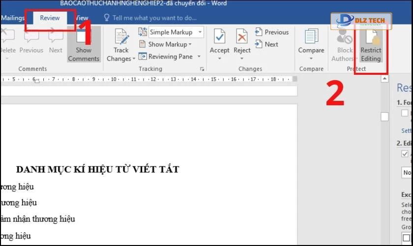 Hướng dẫn chọn mục Review và chọn vào Restrict Editing.