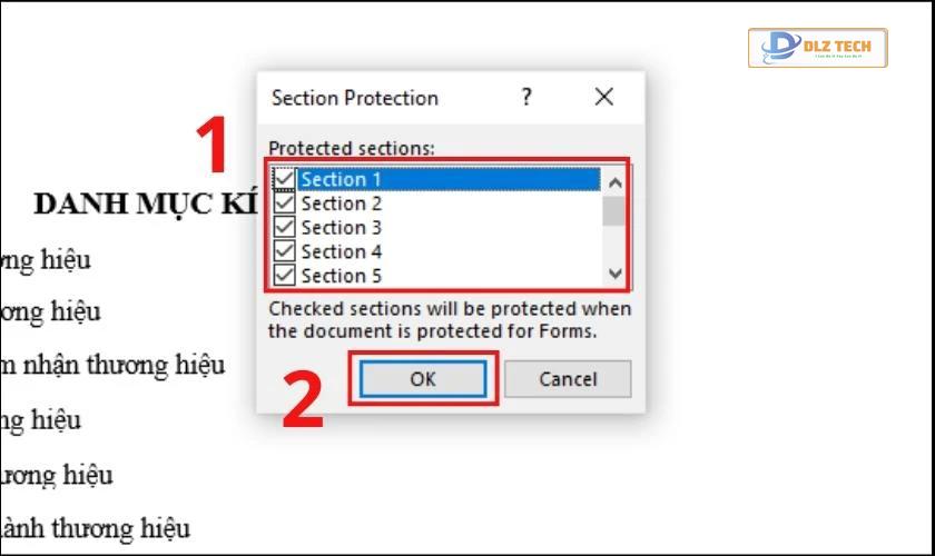Chọn các Section mà bạn muốn đặt mật khẩu