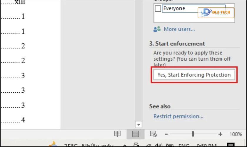 Chọn Yes, Start Enforcing Protection trên hộp thoại trong Word
