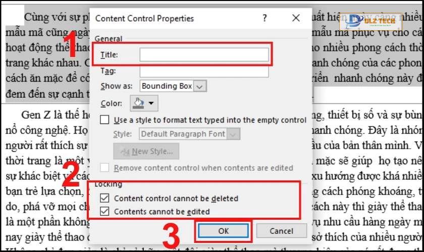 Giao diện hộp thoại Content Control Properties