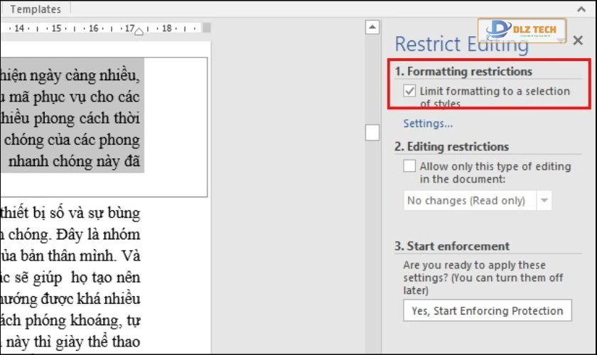Hộp thoại Formatting restrictions