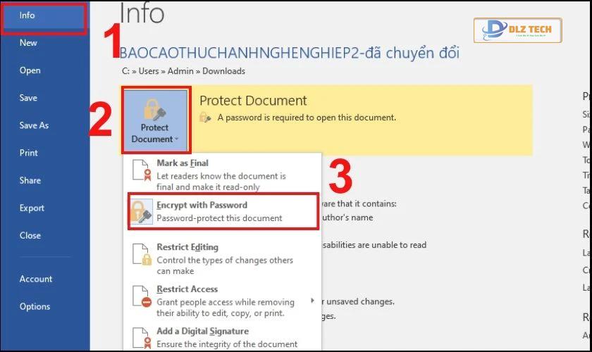 Các thao tác thực hiện gỡ mật khẩu trên giao diện Word