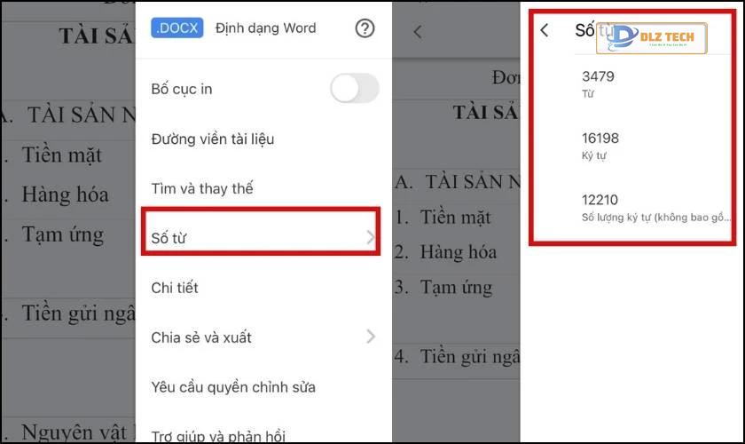 Kết quả sau khi đếm ký tự trên điện thoại bằng Google Docs