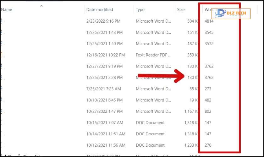 Số từ của các file Word sẽ được hiển thị cuối mỗi file