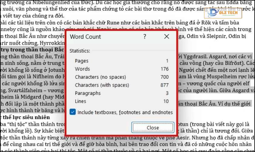 Word Count sẽ hiển thị số từ, ký tự mà tại vùng văn bản bạn vừa bôi đen