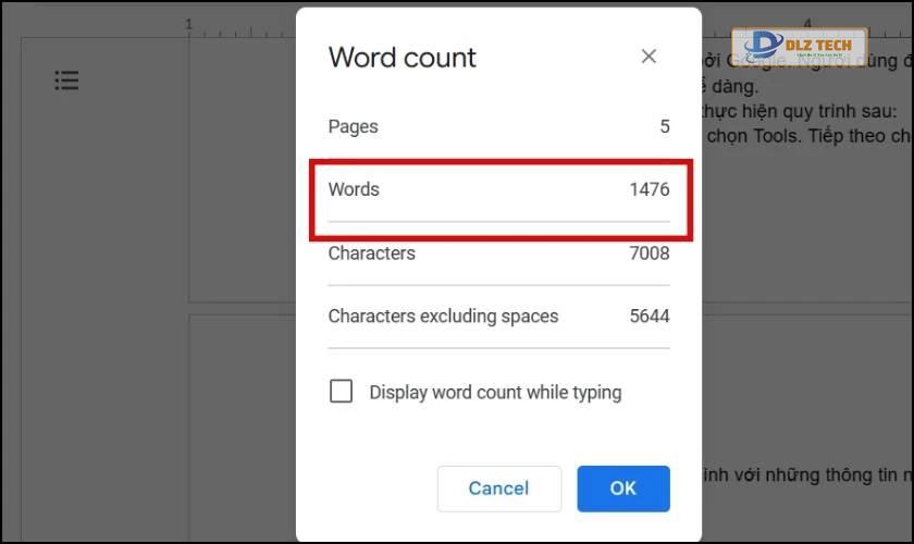Số từ cần đếm được hiển thị trong Google Docs