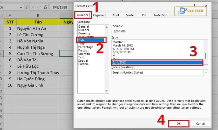 định dạng date trong excel