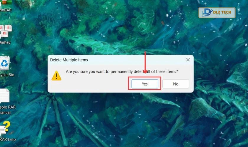 Chọn vào Yes để xóa toàn bộ tệp có trong thùng rác