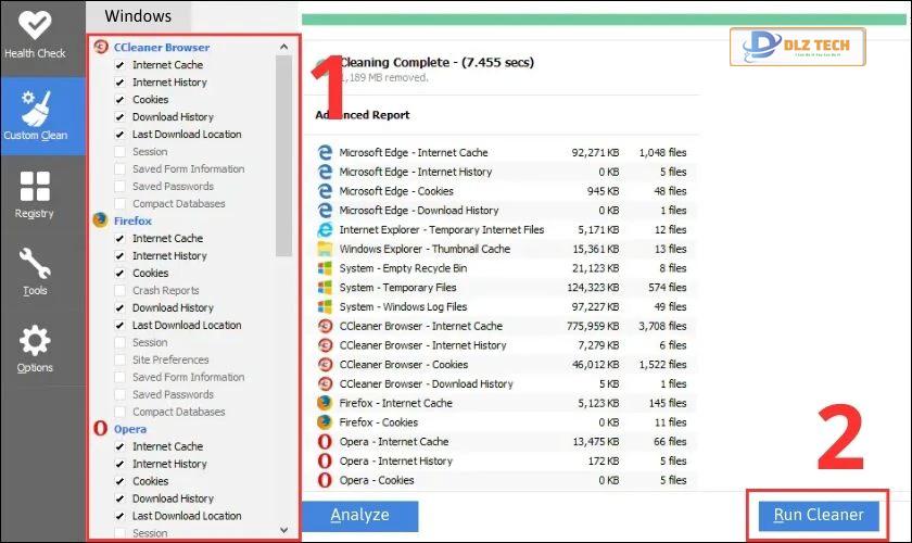 Chọn tệp cần xóa trong phần Windows và nhấn Run Cleaner để hoàn thành