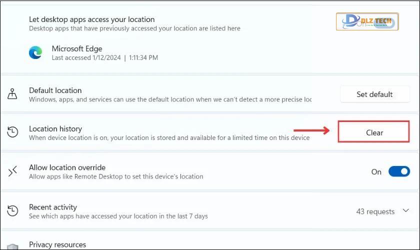 Click chuột vào Clear bên cạnh mục Location History để xóa dữ liệu