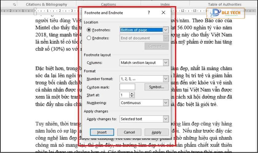 Hộp thoại Footnote and Endnote xuất hiện trên giao diện Word