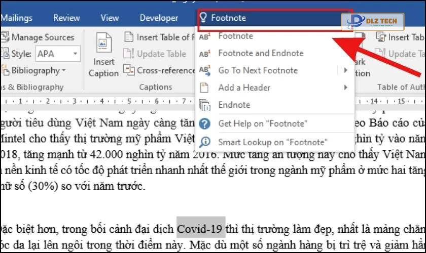 Nhập từ khóa Footnote để mở công cụ trên Word