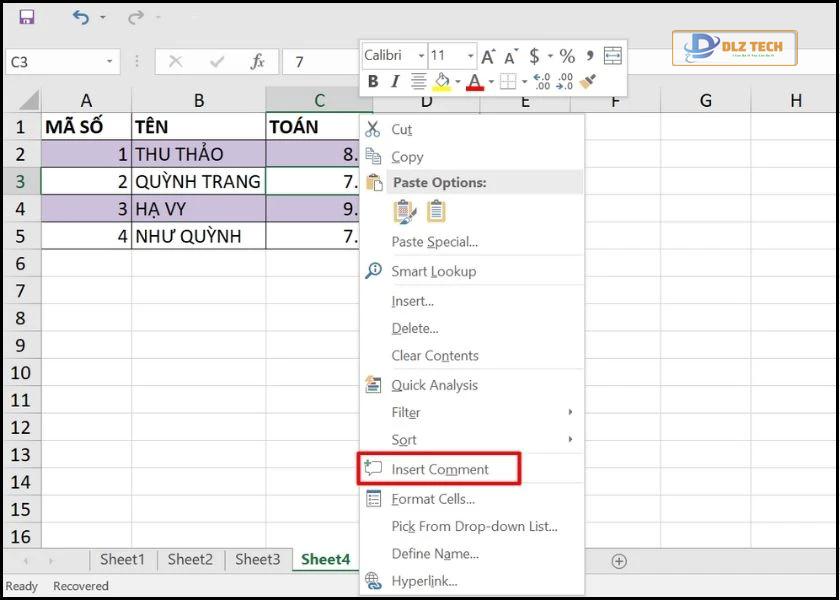 cách tạo ghi chú trong excel