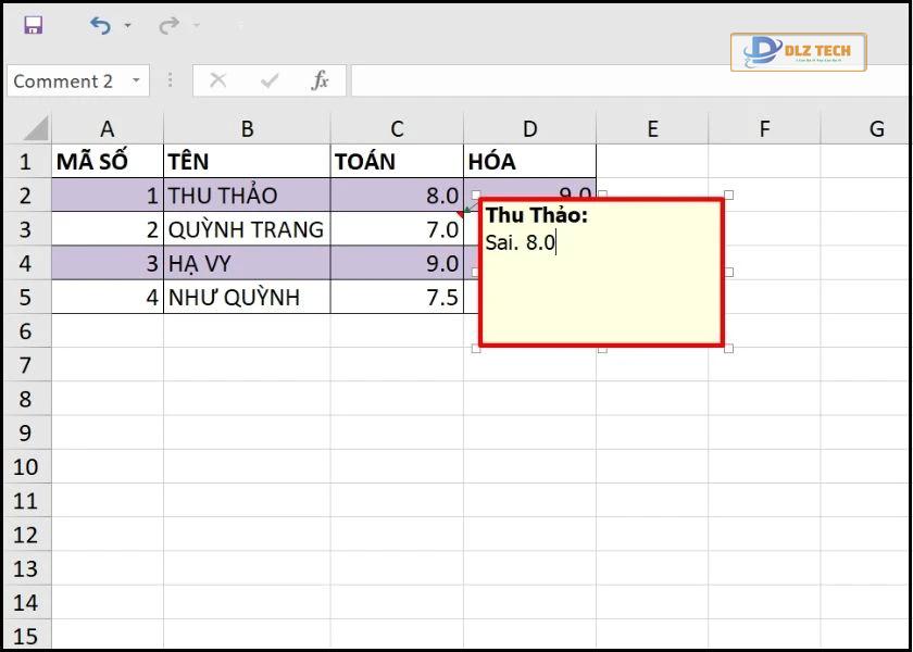 cách ghi chú trong excel