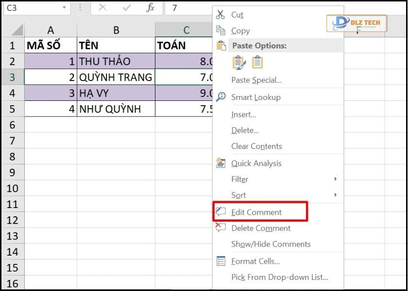 cách ghi chú trong excel