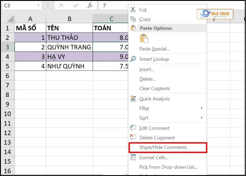 cách ghi chú trong excel