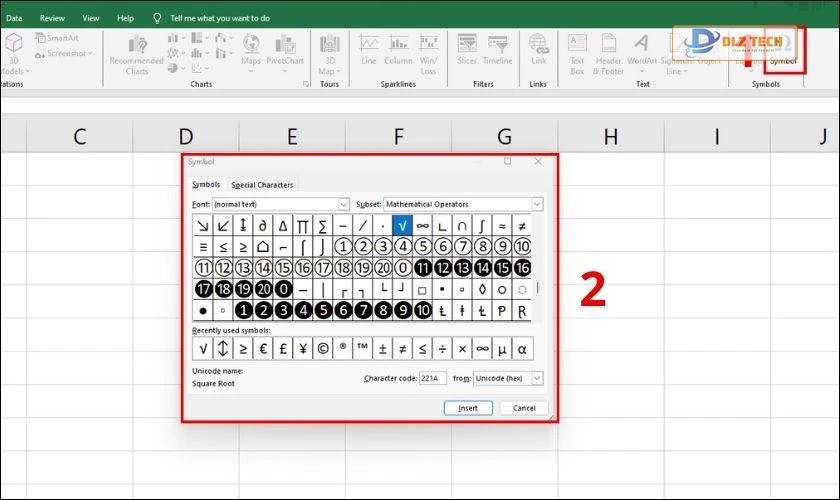 Cách thêm dấu căn bậc hai trong Excel bằng biểu tượng trong Symbol