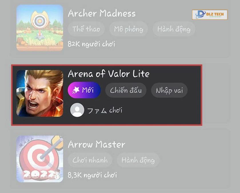Tìm và chọn game Arena of Valor Lite