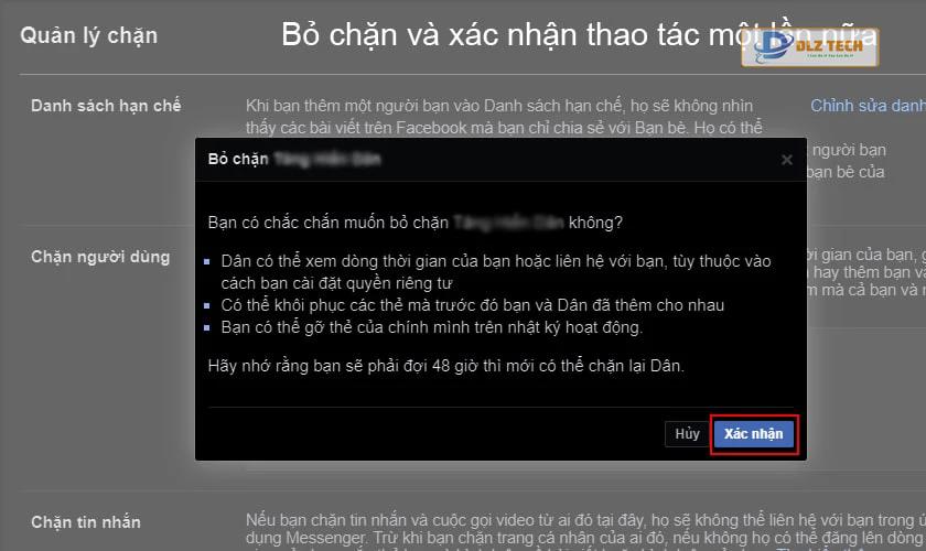 Bỏ chặn bạn bè từ trình duyệt Facebook