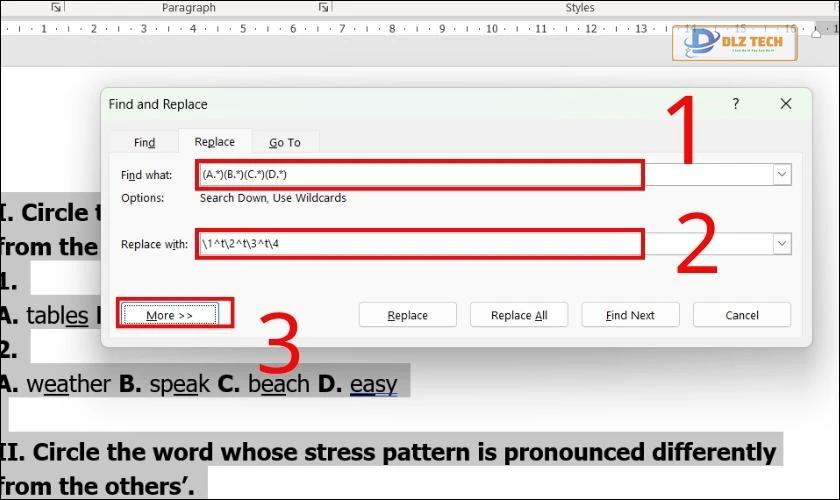 Dùng hộp thoại Find and Replace để điều chỉnh khoảng cách trong văn bản