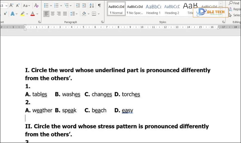Kết quả khi thực hiện giãn khoảng cách giữa các đáp án trắc nghiệm trong Word 2010