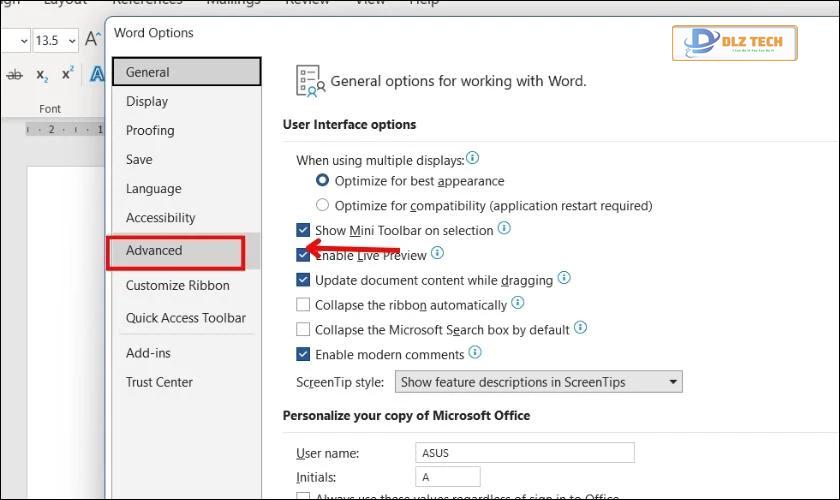 Giao diện hộp thoại Word Options