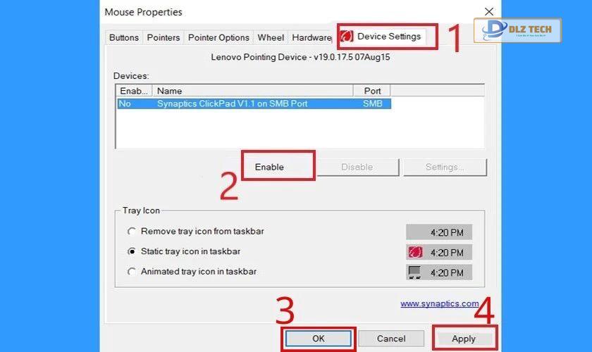Chọn vào Device Settings rồi chọn Enable để bật chuột