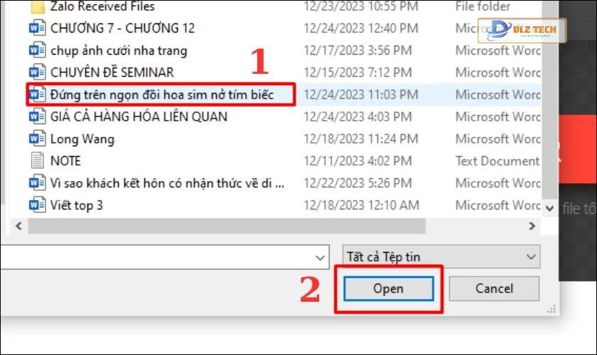 Chọn file Word và nhấn Open
