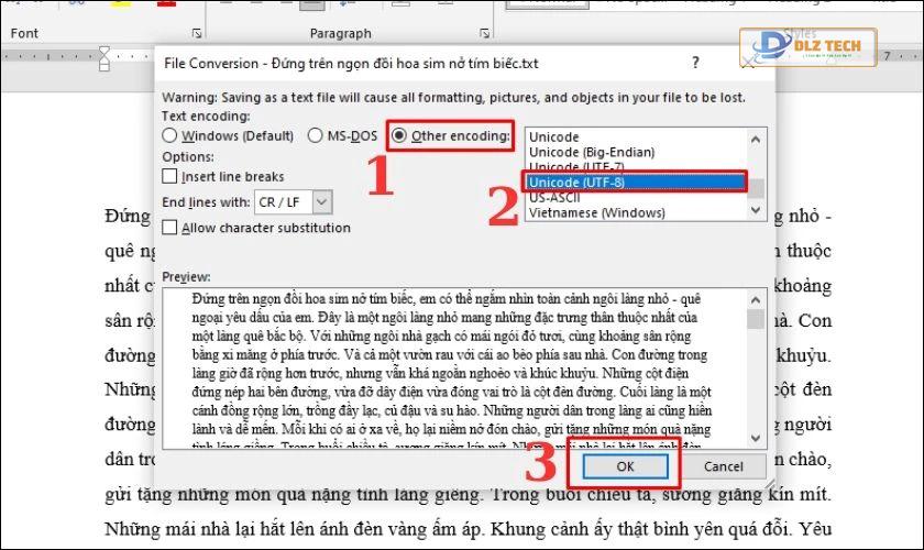Click chọn Other encoding và chọn Unicode