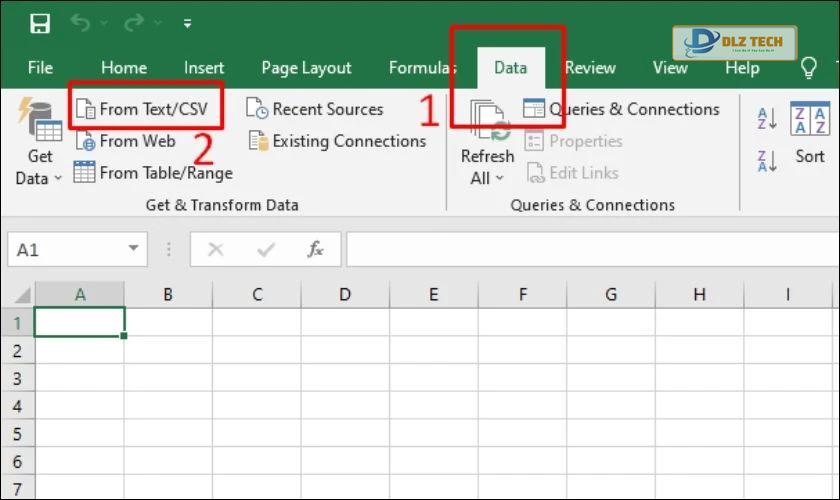 Chọn tab Data, và chọn tiếp vào From Text/CSV
