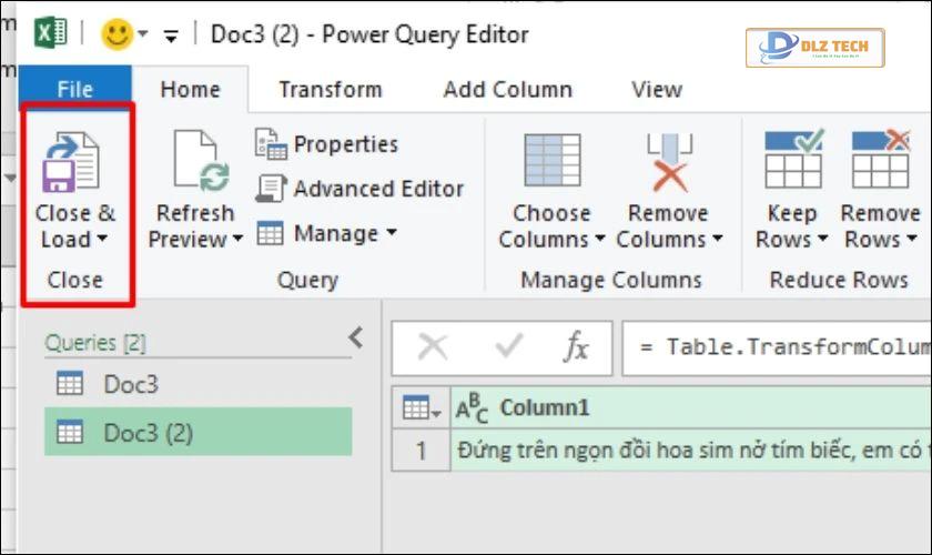 Chọn Close and Load để kết thúc chuyển file Word sang Excel bằng Plain Text và Import