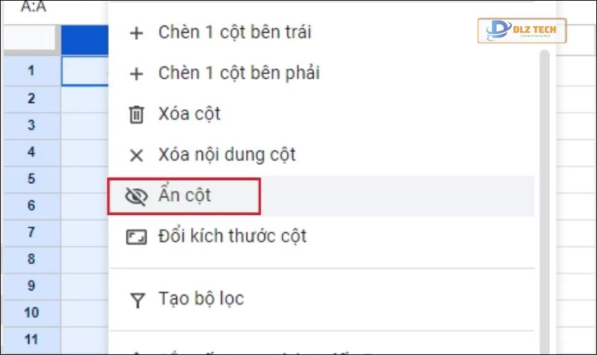 Click chuột phải và chọn Ẩn cột