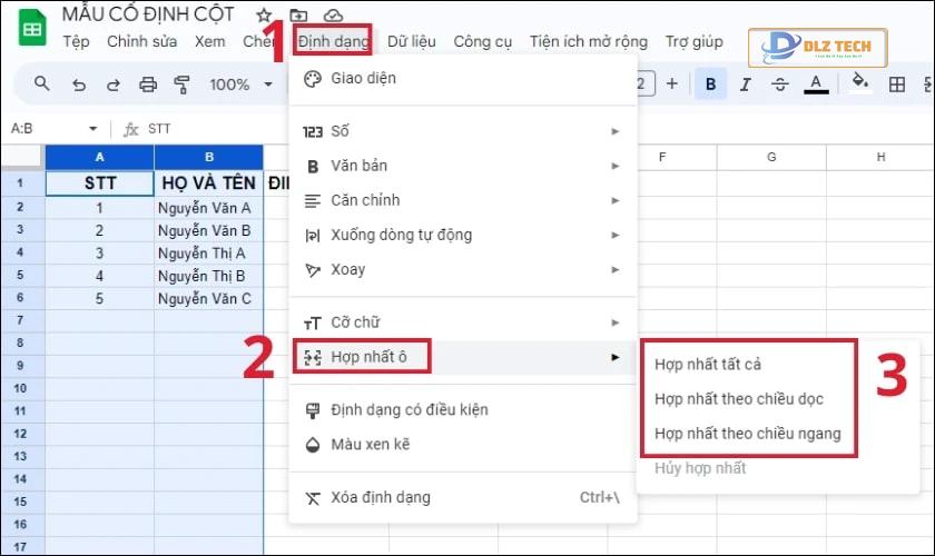 Chọn mục Định dạng, chọn Hợp nhất ô và chọn hình thức phù hợp