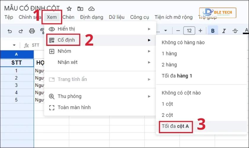 Chọn vào mục Cố định và chọn Tối đa cột A