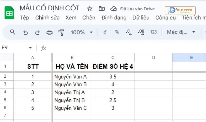 Nếu chọn cố định 1 hàng, Google Sheet sẽ cố định hàng đầu tiên