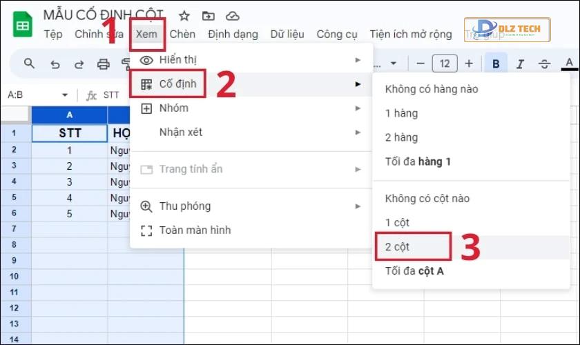 Cách cố định nhiều cột trong Google Sheet