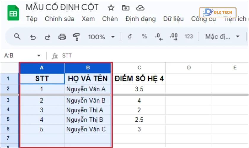 Cách hủy cố định cột trong Google Sheet