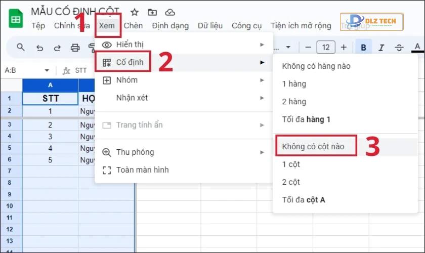 Hủy cố định cột trong Google Sheet
