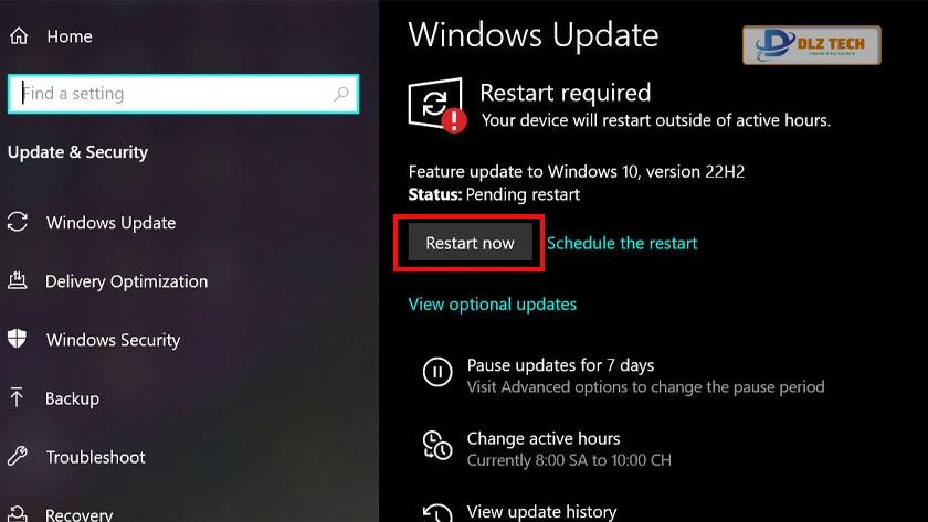 nhấn vào restart now