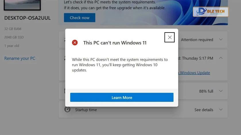máy không hỗ trợ khi nâng cấp lên windows 11 sẽ lỗi