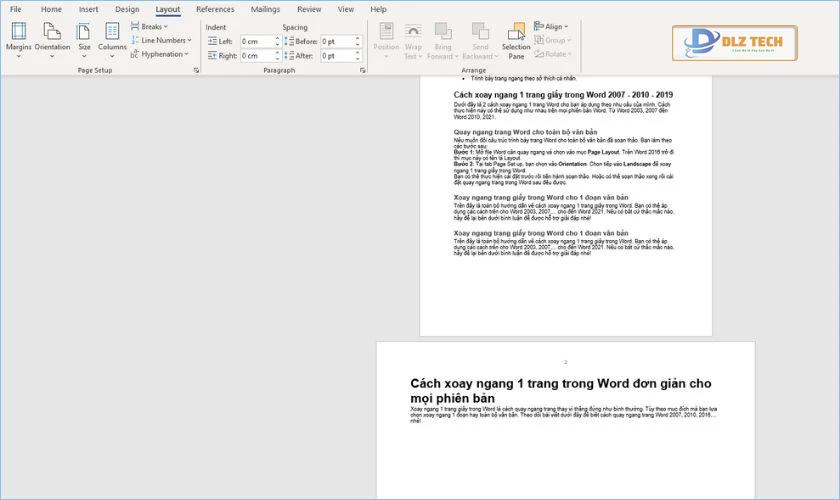 trang giấy chỉ định trong word đã xoay ngang