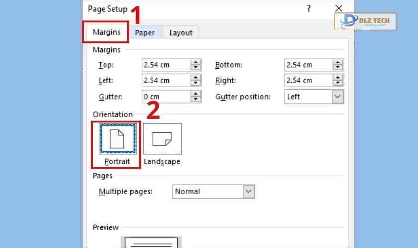 mở lại page setup và chọn portrait trong margins