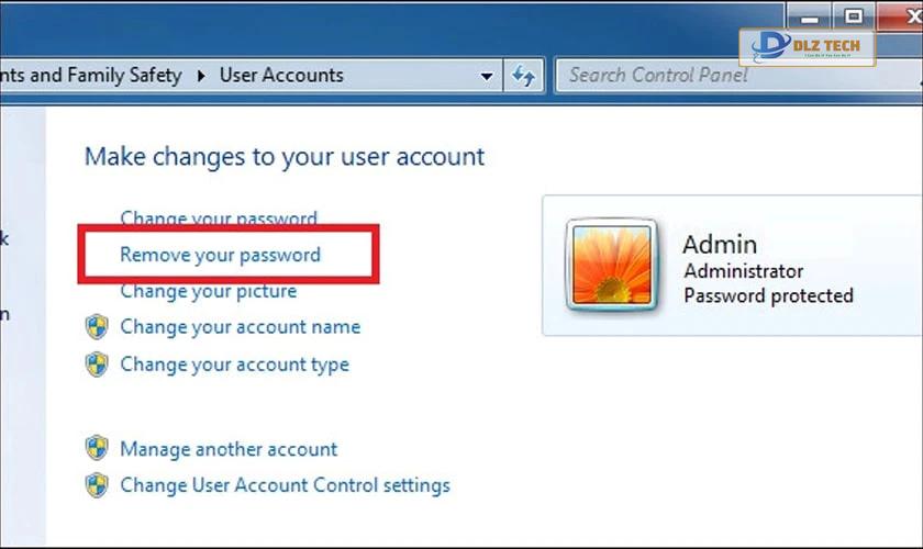 chọn Make changes to your user account area of the User Accounts