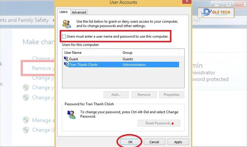 bỏ tích tại ô Users must enter a user name and password
