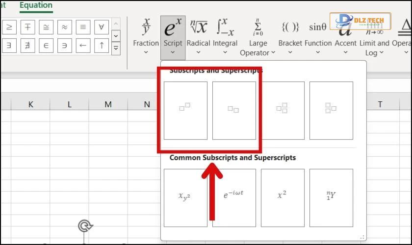 Chọn kiểu số mũ trên hoặc dưới cần viết trong Excel