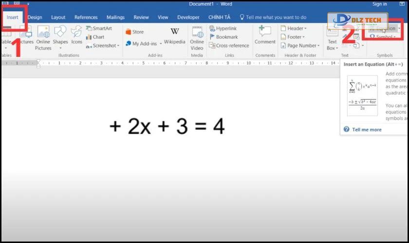 Viết chữ nhỏ trên đầu bằng Equation