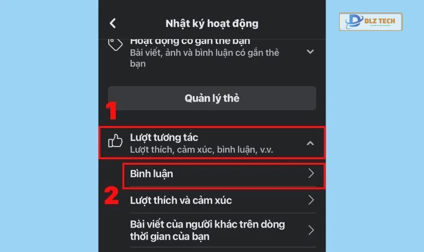 Nhấn Bình luận trong Nhật ký hoạt động