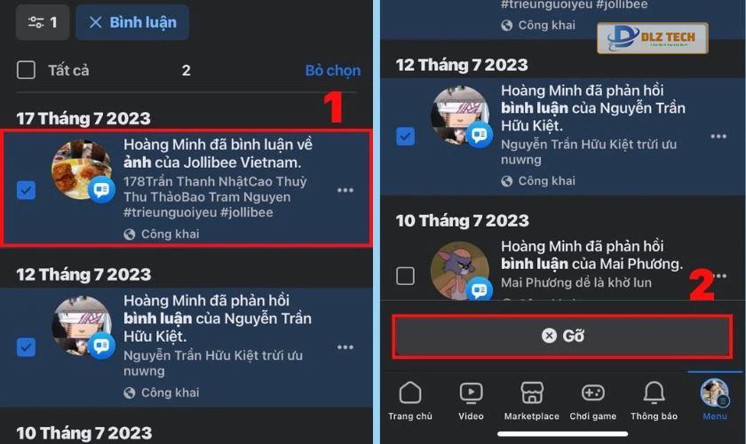 Chọn từng bình luận để xóa